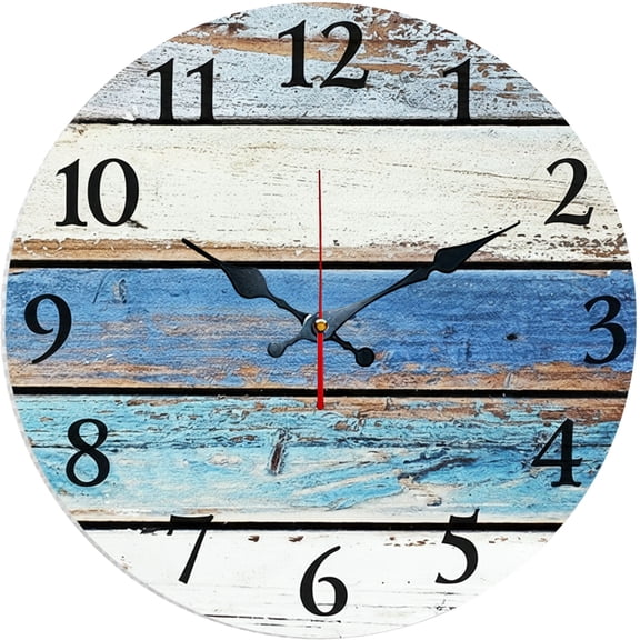 Hoease 10 Inch Silent Wall Clock, Rustic Distressed Blue White Wood Plank Decorative Wall Clock, Battery Operated Non-Ticking Round Clock for Living Room Bedroom Farmhouse Home Decor