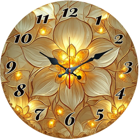 Hoease 10 Inch Silent Wall Clock, Stained Glass Glowing Lotus Decorative Wall Clock, Battery Operated Non-Ticking Round Clock for Living Room Bedroom Floral Home Decor