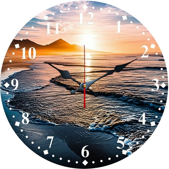 Hoease 10 Inch Silent Wall Clock, Sunset Beach Ocean Decorative Wall Clock, Battery Operated Non-Ticking Round Clock for Living Room Bedroom Bathroom Home Decor