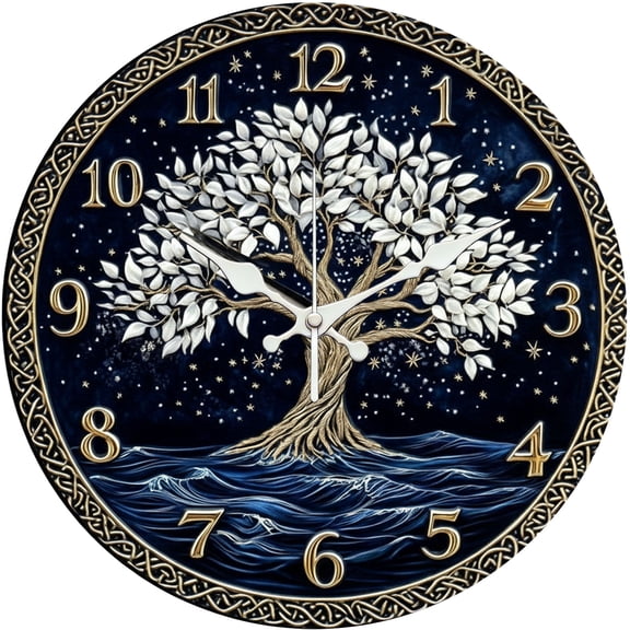 Hoease 10 Inch Silent Wall Clock, Tree of Life Ocean Wave Decorative Wall Clock, Battery Operated Non-Ticking Round Clock for Living Room Bedroom Spiritual Home Decor