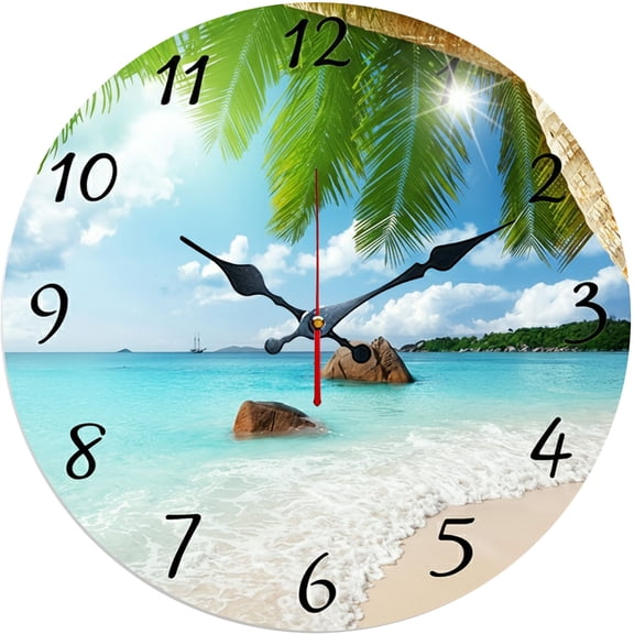 Hoease 10 Inch Silent Wall Clock, Tropical Beach Palm Tree Decorative Wall Clock, Battery Operated Non-Ticking Round Clock for Living Room Bedroom Bathroom Home Decor