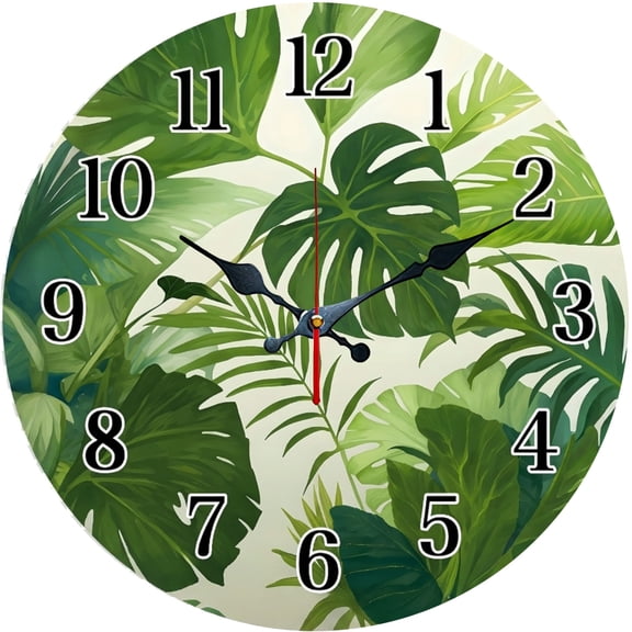Hoease 10 Inch Silent Wall Clock, Tropical Monstera Leaf Decorative Wall Clock, Battery Operated Non-Ticking Round Clock for Living Room Bedroom Kitchen Office Home Decor