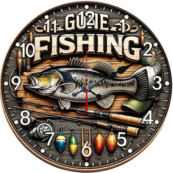 Hoease 10 Inch Silent Wall Clock, Vintage Fishing Tool Bass Decorative Wall Clock, Battery Operated Non-Ticking Round Clock for Garage Living Room Fisherman Home Decor