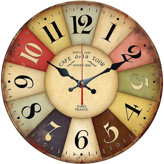 Hoease 10 Inch Silent Wall Clock, Vintage Paris Cafe Decorative Wall Clock, Battery Operated Non-Ticking Round Clock for Kitchen Living Room French Home Decor