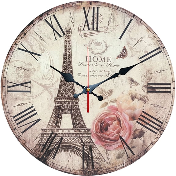 Hoease 10 Inch Silent Wall Clock, Vintage Paris Eiffel Tower Rose Decorative Wall Clock, Battery Operated Non-Ticking Round Clock for Living Room Bedroom Home Decor