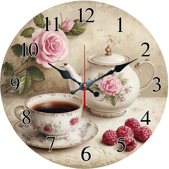 Hoease 10 Inch Silent Wall Clock, Vintage Rose Teapot Tea Set Decorative Wall Clock, Battery Operated Non-Ticking Round Clock for Kitchen Living Room Tea Lover Home Decor