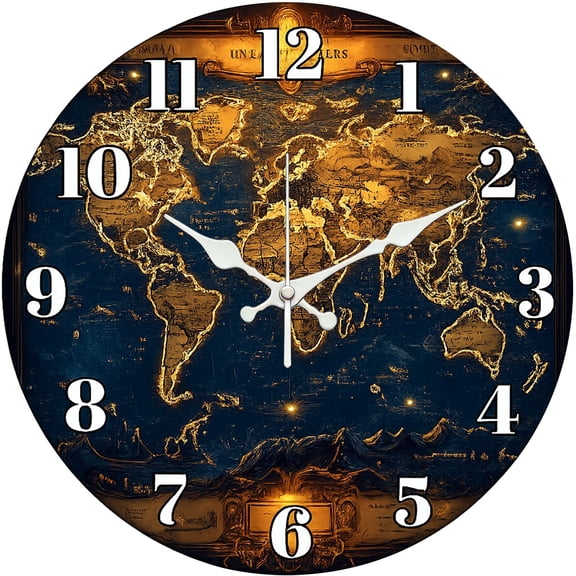 Hoease 10 Inch Silent Wall Clock, Vintage World Map Decorative Wall Clock, Battery Operated Non-Ticking Round Clock for Living Room Office Travel Lover Home Decor