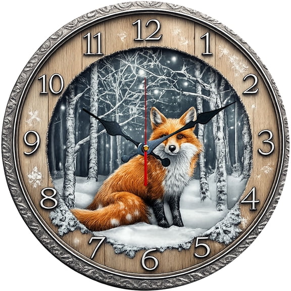 Hoease 10 Inch Silent Wall Clock, Winter Forest Fox Decorative Wall Clock, Battery Operated Non-Ticking Round Clock for Living Room Bedroom Rustic Home Decor