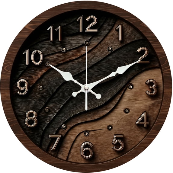 Hoease 10 Inch Silent Wall Clock, Wood Wave Luxury Decorative Wall Clock, Battery Operated Non-Ticking Round Clock for Living Room Bedroom Modern Home Decor