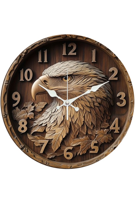 12 Inch Silent Wall Clock, 3D Carved Wood Bald Eagle Decorative Wall Clock, Battery Operated Non-Ticking Round Clock for Living Room Bedroom Rustic Home Decor
