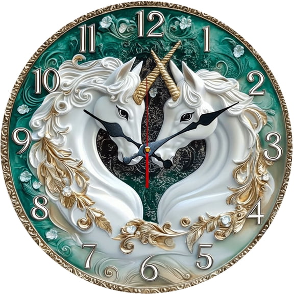 Hoease 12 Inch Silent Wall Clock, 3D Embossed Double Unicorn Heart Decorative Wall Clock, Battery Operated Non-Ticking Round Clock for Living Room Bedroom Fantasy Home Decor