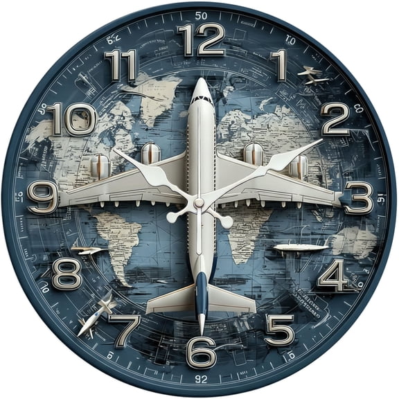 Hoease 12 Inch Silent Wall Clock, Airplane World Map Decorative Wall Clock, Battery Operated Non-Ticking Round Clock for Living Room Bedroom Pilot Home Decor