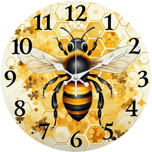 Hoease 12 Inch Silent Wall Clock, Bumblebee Honeycomb Cute Decorative Wall Clock, Battery Operated Non-Ticking Round Clock for Living Room Bedroom Nature Home Decor