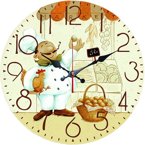 Hoease 12 Inch Silent Wall Clock, Cartoon Chef Market Decorative Wall Clock, Battery Operated Non-Ticking Round Clock for Kitchen Living Room Restaurant Home Decor