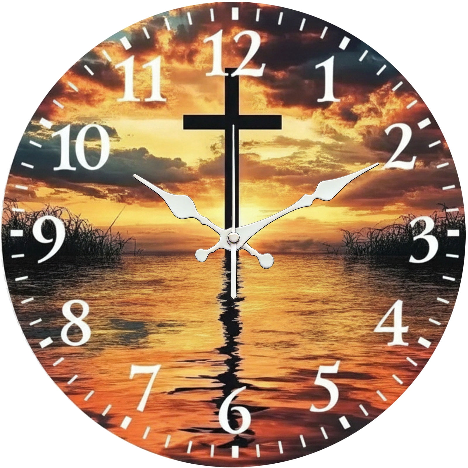 hoease-12-inch-silent-wall-clock-cross-sunset-sea-religious-decorative