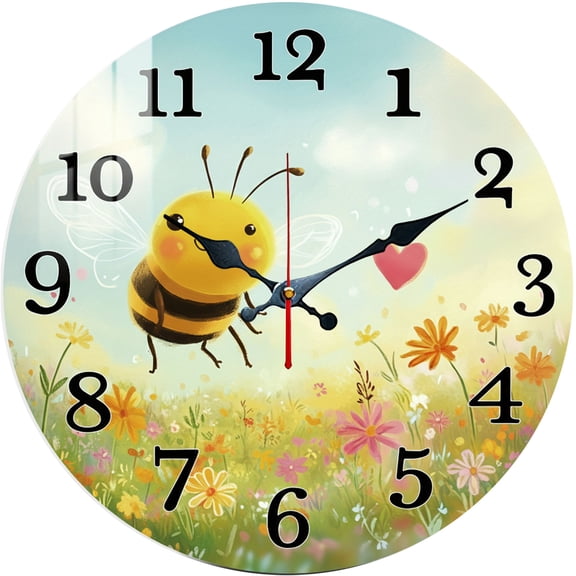 Hoease 12 Inch Silent Wall Clock, Cute Cartoon Bee Flower Field Decorative Wall Clock, Battery Operated Non-Ticking Round Clock for Living Room Bedroom Kids Room Home Decor