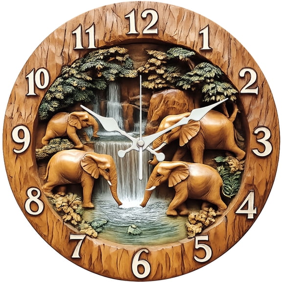 Hoease 12 Inch Silent Wall Clock, Elephant Waterfall Carved Wood Decorative Wall Clock, Battery Operated Non-Ticking Round Clock for Living Room Bedroom Wildlife Home Decor