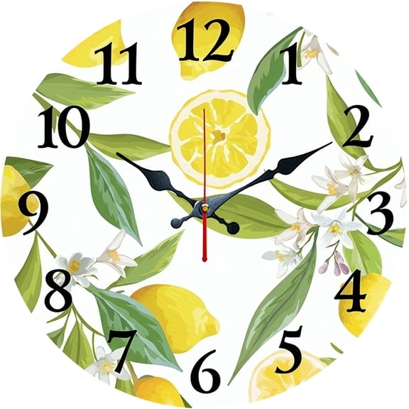 Hoease 12 Inch Silent Wall Clock, Fresh Lemon Flower Leaf Decorative Wall Clock, Battery Operated Non-Ticking Round Clock for Living Room Bedroom Kitchen Home Decor