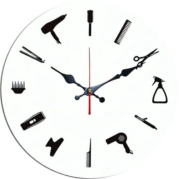 Hoease 12 Inch Silent Wall Clock, Hairdressing Tool Silhouette Decorative Wall Clock, Battery Operated Non-Ticking Round Clock for Barber Shop Beauty Salon Home Decor