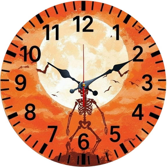 Hoease 12 Inch Silent Wall Clock, Halloween Skeleton Full Moon Bat Decorative Wall Clock, Battery Operated Non-Ticking Round Clock for Living Room Bedroom Halloween Home Decor
