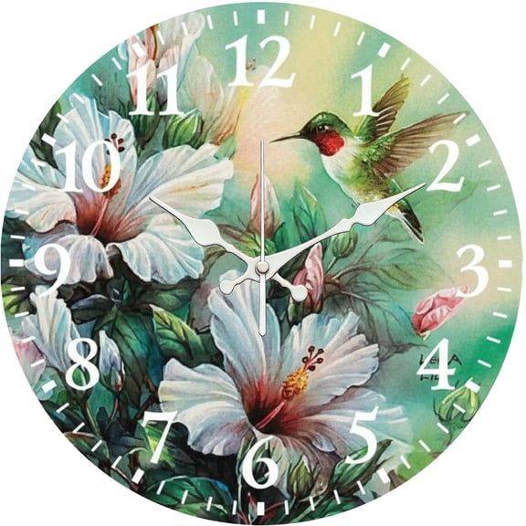 Hoease 12 Inch Silent Wall Clock, Hibiscus Hummingbird Watercolor Decorative Wall Clock, Battery Operated Non-Ticking Round Clock for Living Room Bedroom Floral Home Decor