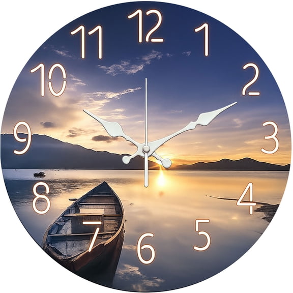 Hoease 12 Inch Silent Wall Clock, Lake Boat Sunset Serene Decorative Wall Clock, Battery Operated Non-Ticking Round Clock for Living Room Bedroom Nature Home Decor