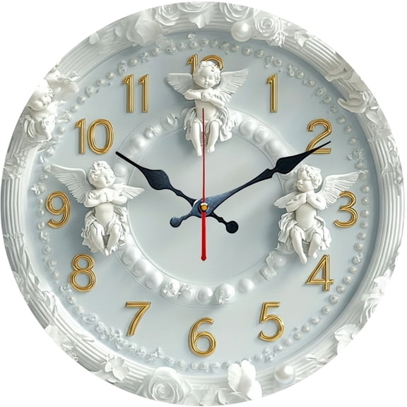 Hoease 12 Inch Silent Wall Clock, Luxury Embossed Angel Cherub Decorative Wall Clock, Battery Operated Non-Ticking Round Clock for Living Room Bedroom Office Home Decor