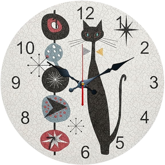 Hoease 12 Inch Silent Wall Clock, Mid-Century Modern Black Cat Atomic Decorative Wall Clock, Battery Operated Non-Ticking Round Clock for Living Room Bedroom Retro Home Decor
