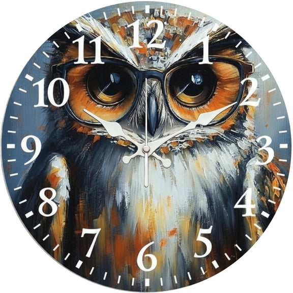 Hoease 12 Inch Silent Wall Clock, Owl With Glasses Oil Painting Decorative Wall Clock, Battery Operated Non-Ticking Round Clock for Living Room Bedroom Animal Home Decor