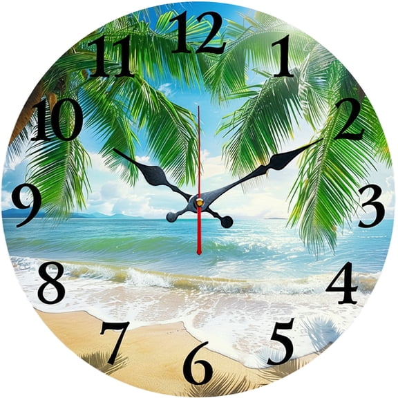 Hoease 12 Inch Silent Wall Clock, Palm Tree Beach Ocean Decorative Wall Clock, Battery Operated Non-Ticking Round Clock for Living Room Bedroom Bathroom Home Decor