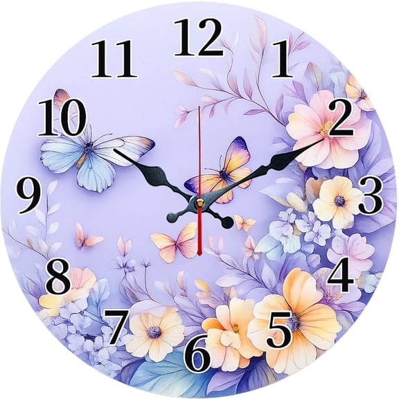Hoease 12 Inch Silent Wall Clock, Purple Background Butterfly Flower Decorative Wall Clock, Battery Operated Non-Ticking Round Clock for Living Room Bedroom Floral Home Decor