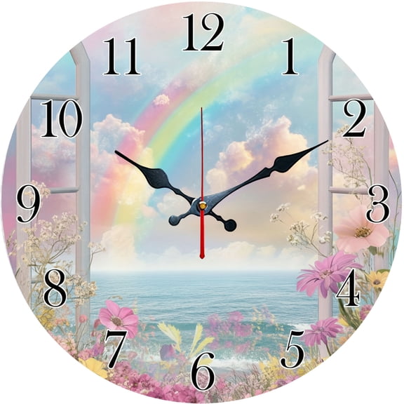 Hoease 12 Inch Silent Wall Clock, Rainbow Ocean View Window Flower Decorative Wall Clock, Battery Operated Non-Ticking Round Clock for Living Room Bedroom Home Decor