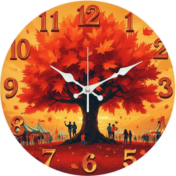 Hoease 12 Inch Silent Wall Clock, Red Maple Tree Autumn Festival Decorative Wall Clock, Battery Operated Non-Ticking Round Clock for Living Room Bedroom Fall Home Decor