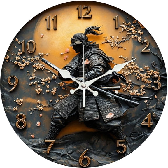 Hoease 12 Inch Silent Wall Clock, Samurai Sakura Relief Decorative Wall Clock, Battery Operated Non-Ticking Round Clock for Living Room Bedroom Oriental Home Decor