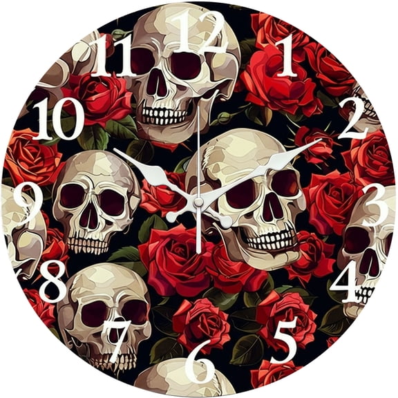 Hoease 12 Inch Silent Wall Clock, Skull and Red Rose Gothic Decorative Wall Clock, Battery Operated Non-Ticking Round Clock for Living Room Bedroom Gothic Home Decor