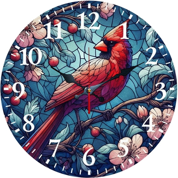 Hoease 12 Inch Silent Wall Clock, Stained Glass Cardinal Bird Decorative Wall Clock, Battery Operated Non-Ticking Round Clock for Living Room Bedroom Office Home Decor