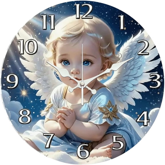 Hoease 12 Inch Silent Wall Clock, Starry Sky Baby Angel Decorative Wall Clock, Battery Operated Non-Ticking Round Clock for Nursery Bedroom Baby Home Decor