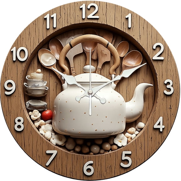 Hoease 12 Inch Silent Wall Clock, Teapot Wooden Kitchen Decorative Wall Clock, Battery Operated Non-Ticking Round Clock for Living Room Kitchen Home Decor