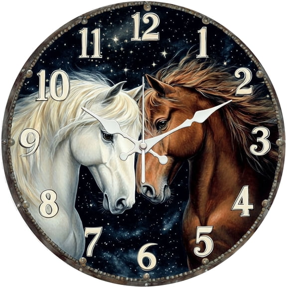 Hoease 12 Inch Silent Wall Clock, Two Horses Starry Sky Realistic Decorative Wall Clock, Battery Operated Non-Ticking Round Clock for Living Room Bedroom Equestrian Home Decor