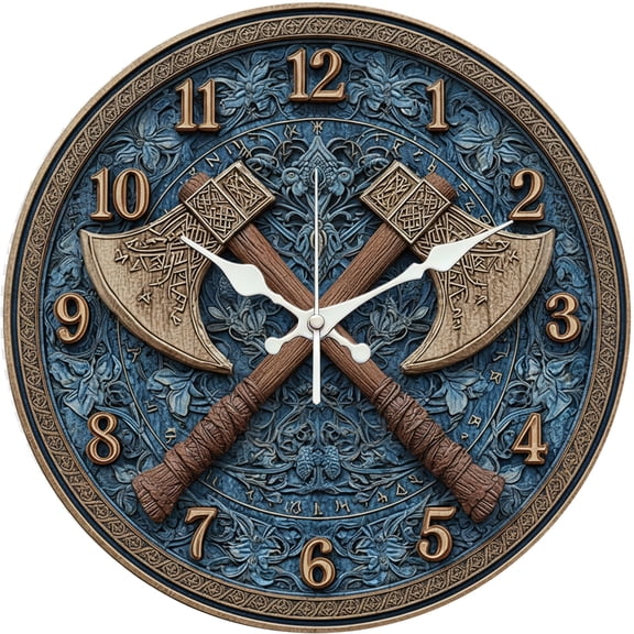Hoease 12 Inch Silent Wall Clock, Viking Double Axe Relief Decorative Wall Clock, Battery Operated Non-Ticking Round Clock for Living Room Bedroom Norse Home Decor