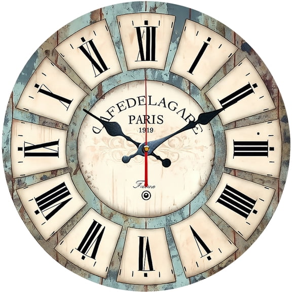 Hoease 12 Inch Silent Wall Clock, Vintage Paris Cafe De La Gare Roman Numeral Decorative Wall Clock, Battery Operated Non-Ticking Round Clock for Kitchen Living Room French Home Decor