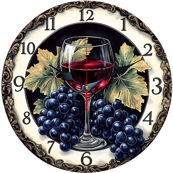 Hoease 12 Inch Silent Wall Clock, Vintage Red Wine Grape Decorative Wall Clock, Battery Operated Non-Ticking Round Clock for Kitchen Living Room Wine Lover Home Decor