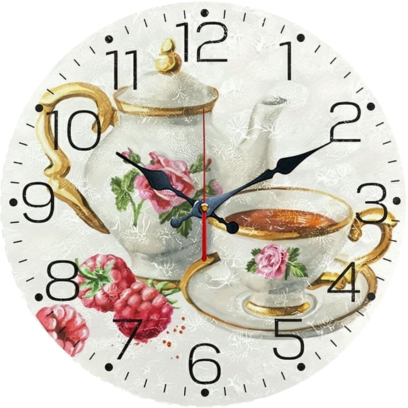 Hoease 12 Inch Silent Wall Clock, Vintage Rose Teapot Raspberry Decorative Wall Clock, Battery Operated Non-Ticking Round Clock for Living Room Bedroom Kitchen Home Decor