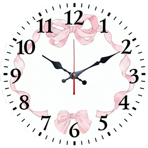 Hoease 12 Inch Silent Wall Clock, Watercolor Pink Bow Decorative Wall Clock, Battery Operated Non-Ticking Round Clock for Living Room Bedroom Girls Room Home Decor
