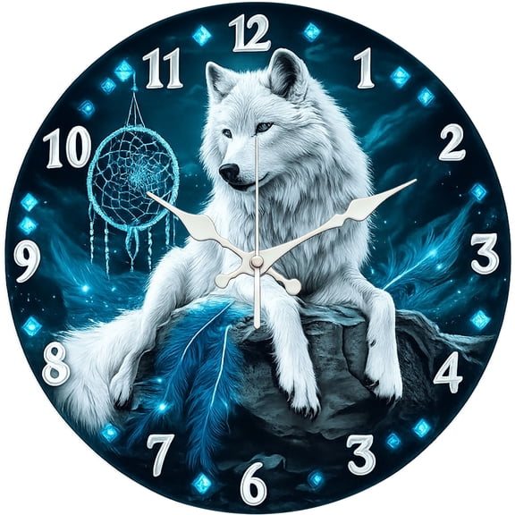 Hoease 12 Inch Silent Wall Clock, White Wolf Dreamcatcher Mystical Decorative Wall Clock, Battery Operated Non-Ticking Round Clock for Living Room Bedroom Wolf Lover Home Decor