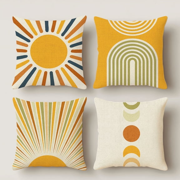 Hoease 14x14 Inch Boho Sun Ray Geometric Abstract Pillow Cover Retro Neutral Small Sofa Decor Cushion Case Without Insert