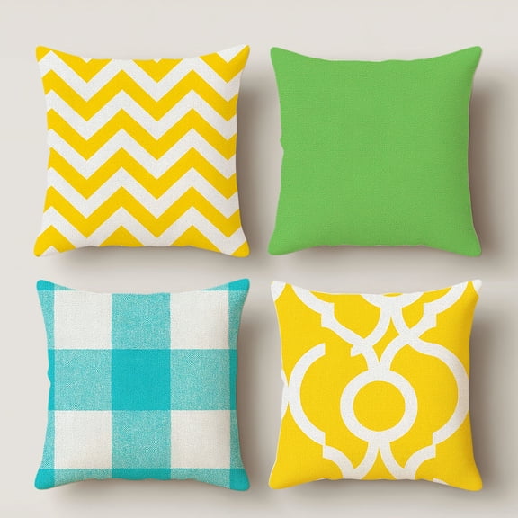 Hoease 14x14 Inch Bright Summer Geometric Throw Pillow Covers Set of 4, Yellow Chevron Solid Lime Turquoise Buffalo Check Trellis Linen Decor Cushion Covers Without Pillow Inserts