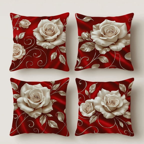 Hoease 14x14 Inch Red Background Platinum Rose Pillow Cover, Luxury Floral Decorative Cushion Case for Sofa Bedroom, No Insert