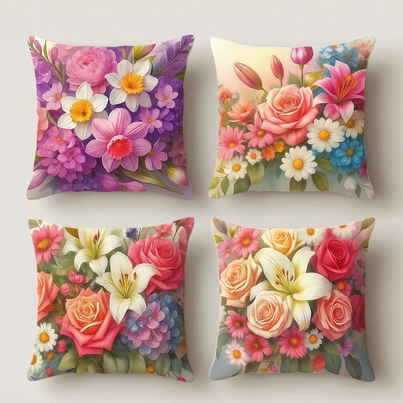 Hoease 14x14 Inch Spring Mixed Floral Pillow Cover, Colorful Flower Decorative Cushion Case for Home Sofa Bedroom, No Insert