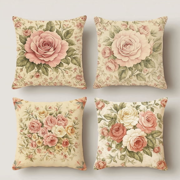 Hoease 14x14 Inch Vintage Rose Floral Pillow Cover, Shabby Chic Decorative Cushion Case for Home Sofa Bedroom, No Insert